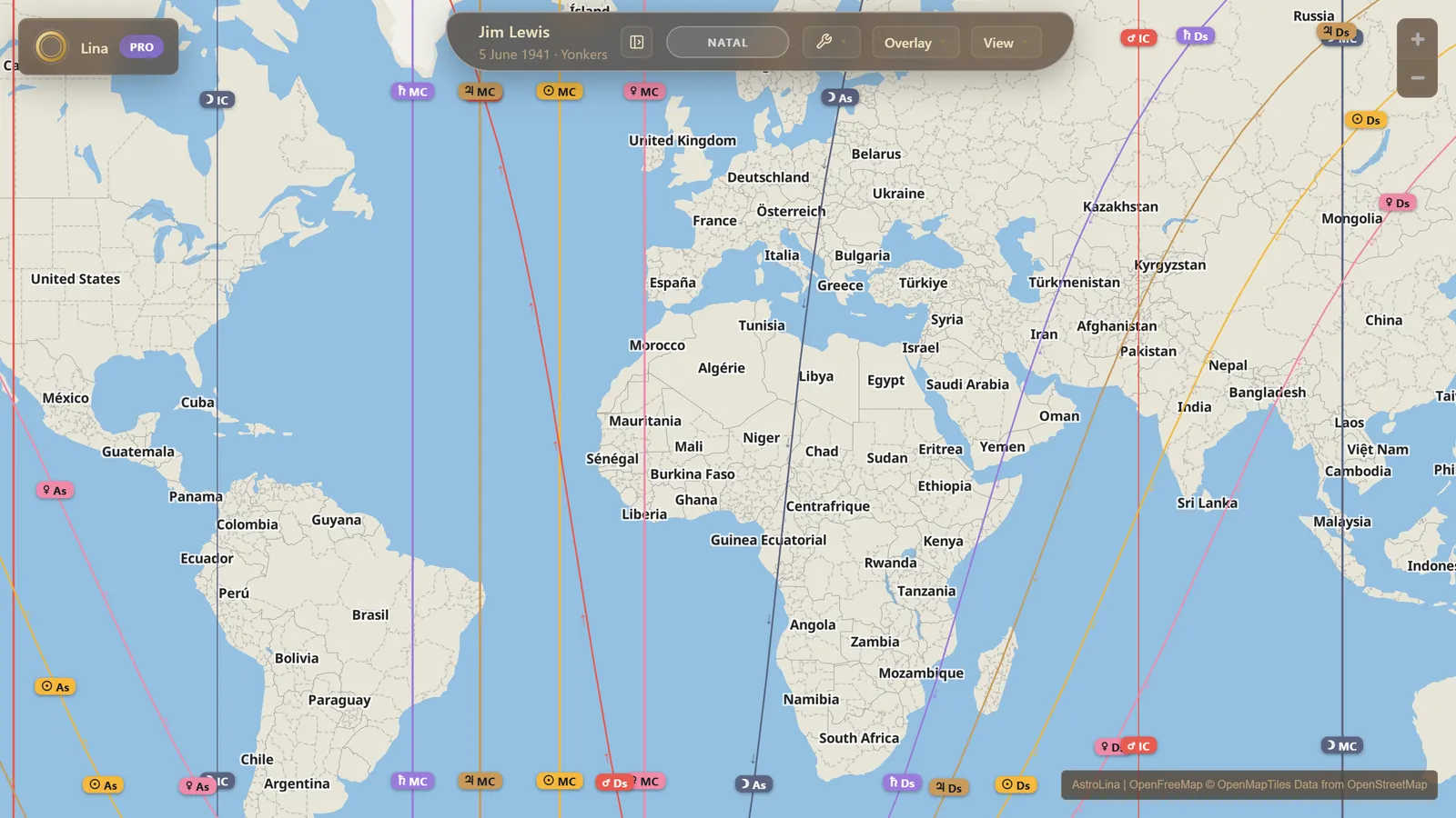 AstroLina's astrocartography map across Europe, Africa and the Atlantic: each planet's lines labelled with its glyph and angle, the MC and IC lines running straight north–south while the As and Ds lines curve