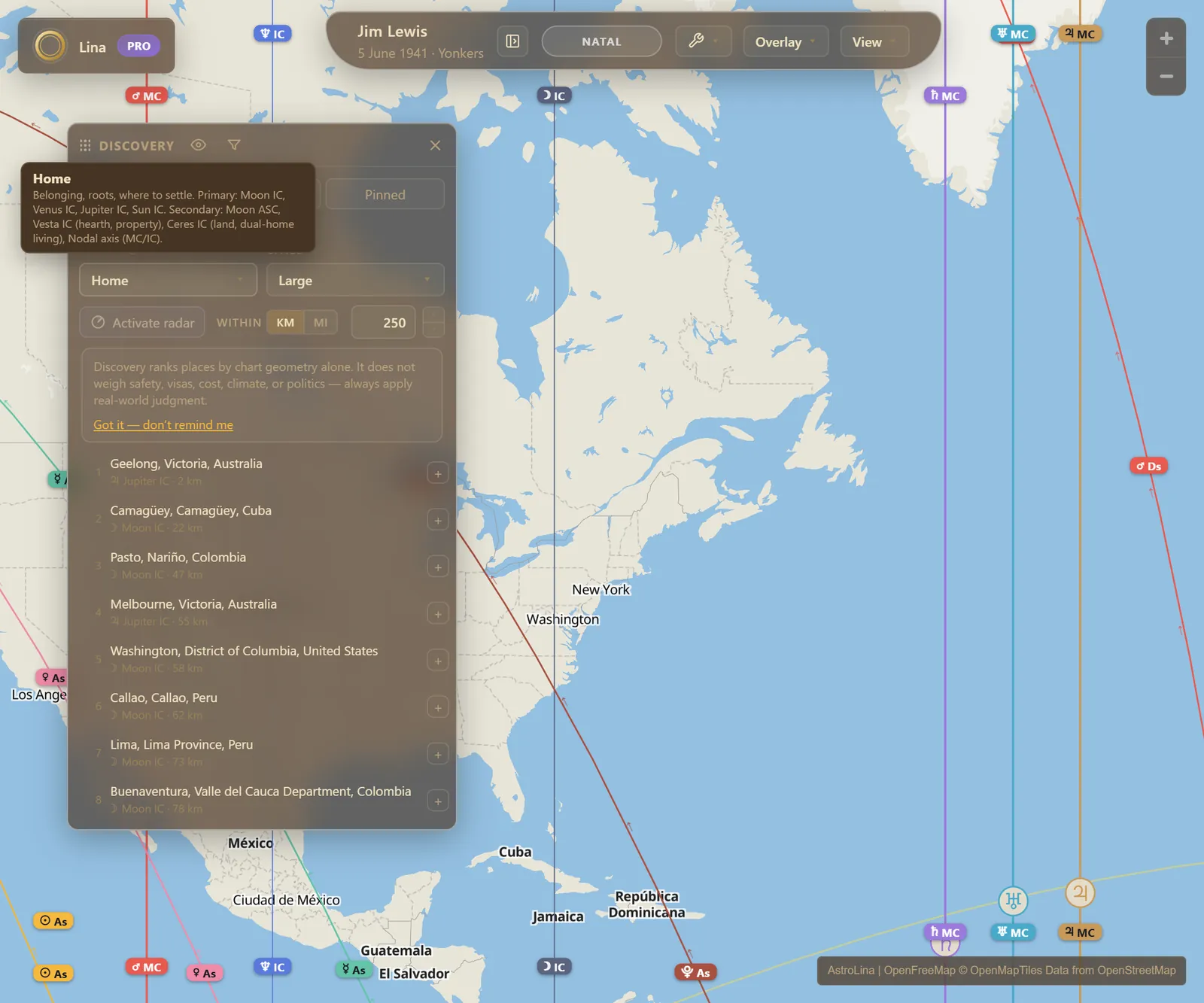 Discovery's Themes tab ranking the world's cities for a life theme, with a hover tip listing that theme's primary and secondary line sets